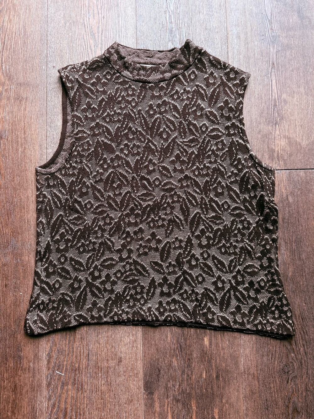 St. John Brown Jacquard Knit Sleeveless Shell Top Floral USA Size L Summer EUC